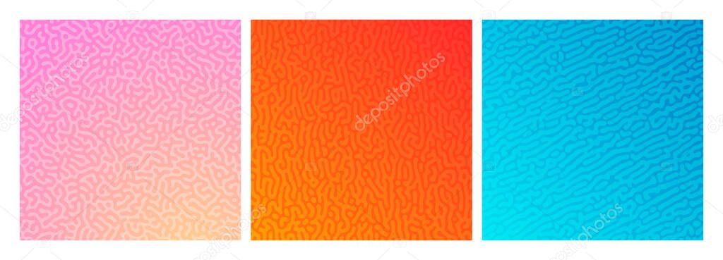 Set of three colorful turing reaction gradient backgrounds. Abstract diffusion pattern with chaotic shapes. Vector illustration.
