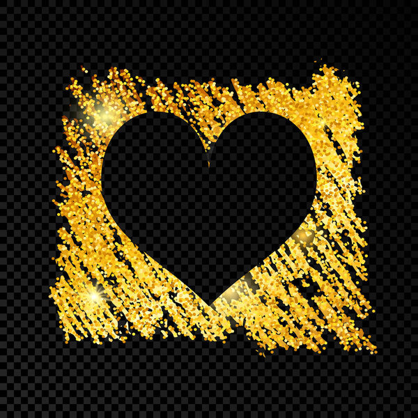 Сердце на золотой блестящей каракульной краске на темном прозрачном фоне. Фон с золотыми блестками и эффектом блеска. Пустое место для сообщения. Векторная иллюстрация