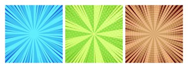 Üç çizgi roman arka planında pop sanat tarzında boş alanlar var. Işınlar, noktalar ve yarım ton etkisi olan bir şablon. Vektör illüstrasyonu