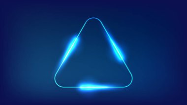 Neon yuvarlak üçgen çerçeve, üzerinde parlak efektler var. Boş parlayan tekno fon. Vektör illüstrasyonu.