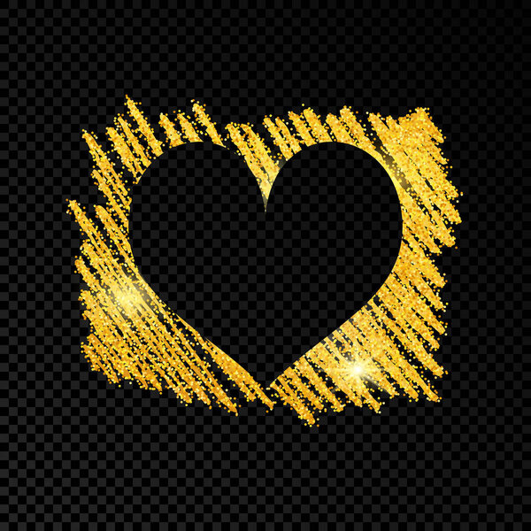 Сердце на золотой блестящей каракульной краске на темном прозрачном фоне. Фон с золотыми блестками и эффектом блеска. Пустое место для сообщения. Векторная иллюстрация