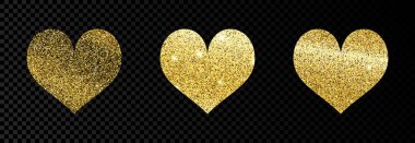 Koyu şeffaf arkaplanda üç altın parıldayan kalp seti. Altın parıltılı ve parıltılı bir arka plan. Vektör illüstrasyonu
