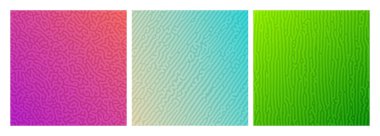 Üç rengarenk büyüme reaksiyonu gradyanı seti. Kaotik şekilli soyut difüzyon deseni. Vektör illüstrasyonu.