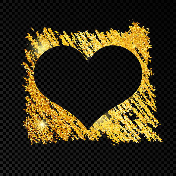 Сердце на золотой блестящей каракульной краске на темном прозрачном фоне. Фон с золотыми блестками и эффектом блеска. Пустое место для сообщения. Векторная иллюстрация