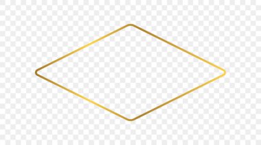 Altın parıldayan yuvarlak eşkenar dörtgen şekil çerçevesi şeffaf arkaplanda izole edilmiş. Parlak efektli parlak bir çerçeve. Vektör illüstrasyonu.