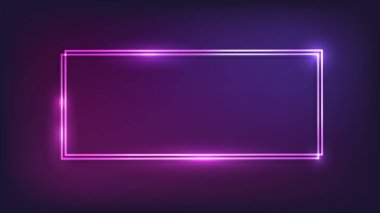 Neon çift dikdörtgen çerçeve ve koyu arkaplanda parlak efektler. Boş parlayan tekno fon. Vektör illüstrasyonu.