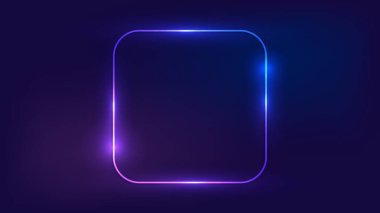 Neon yuvarlak kare çerçeve, üzerinde parlak efektler var. Boş parlayan tekno fon. Vektör illüstrasyonu.
