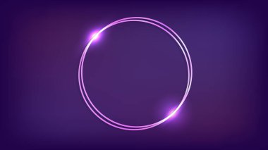 Neon çift yuvarlak çerçeve, arka planda parlak efektler. Boş parlayan tekno fon. Vektör illüstrasyonu.
