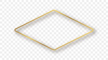 Altın renkli yuvarlak eşkenar dörtgen şekil çerçevesi ve şeffaf arkaplanda gölgesi var. Parlak efektli parlak bir çerçeve. Vektör illüstrasyonu.