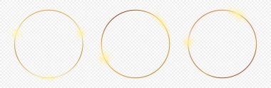 Şeffaf arkaplanda izole edilmiş üç adet altın parlayan daire çerçevesi. Parlak efektli parlak bir çerçeve. Vektör illüstrasyonu.