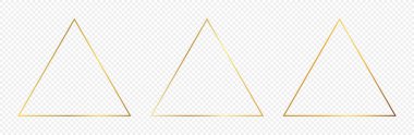 Şeffaf arkaplanda izole edilmiş üç adet altın parıldayan üçgen çerçeve. Parlak efektli parlak bir çerçeve. Vektör illüstrasyonu.