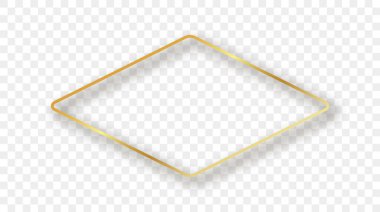 Altın renkli yuvarlak eşkenar dörtgen şekil çerçevesi ve şeffaf arkaplanda gölgesi var. Parlak efektli parlak bir çerçeve. Vektör illüstrasyonu.