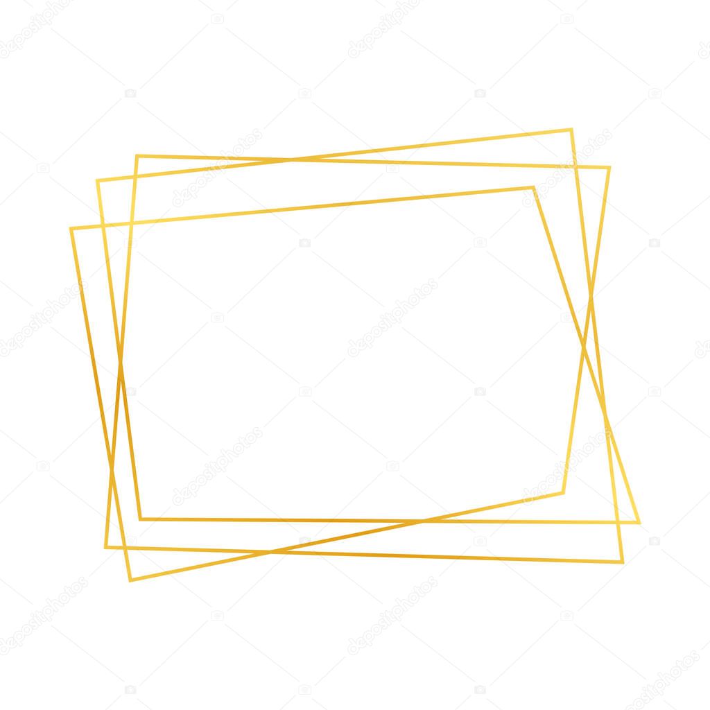 Gold geometric polygonal frame with shining effects isolated on white background. Empty glowing art deco backdrop. Vector illustration.