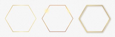 Şeffaf arkaplanda izole edilmiş üç adet altın parıldayan altıgen çerçeve. Parlak efektli parlak bir çerçeve. Vektör illüstrasyonu.