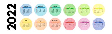 2022 için yatay takvim beyaz arka planda izole edildi. Pazardan pazartesiye, iş planı. Vektör illüstrasyonu