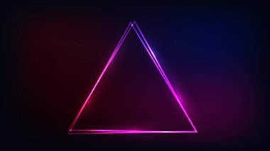 Neon çift üçgen çerçeve ve koyu arkaplanda parlak efektler. Boş parlayan tekno fon. Vektör illüstrasyonu.