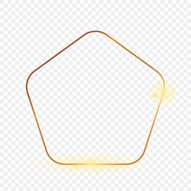 Şeffaf arkaplanda izole edilmiş altın sarısı yuvarlak beşgen şekilli çerçeve. Parlak efektli parlak bir çerçeve. Vektör illüstrasyonu.