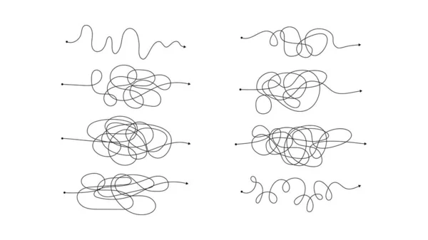 乱雑な線で8つの複雑な間違った方法のセット 始点と終点に矢印のある黒い線が白い背景に孤立しています ベクターイラスト — ストックベクタ