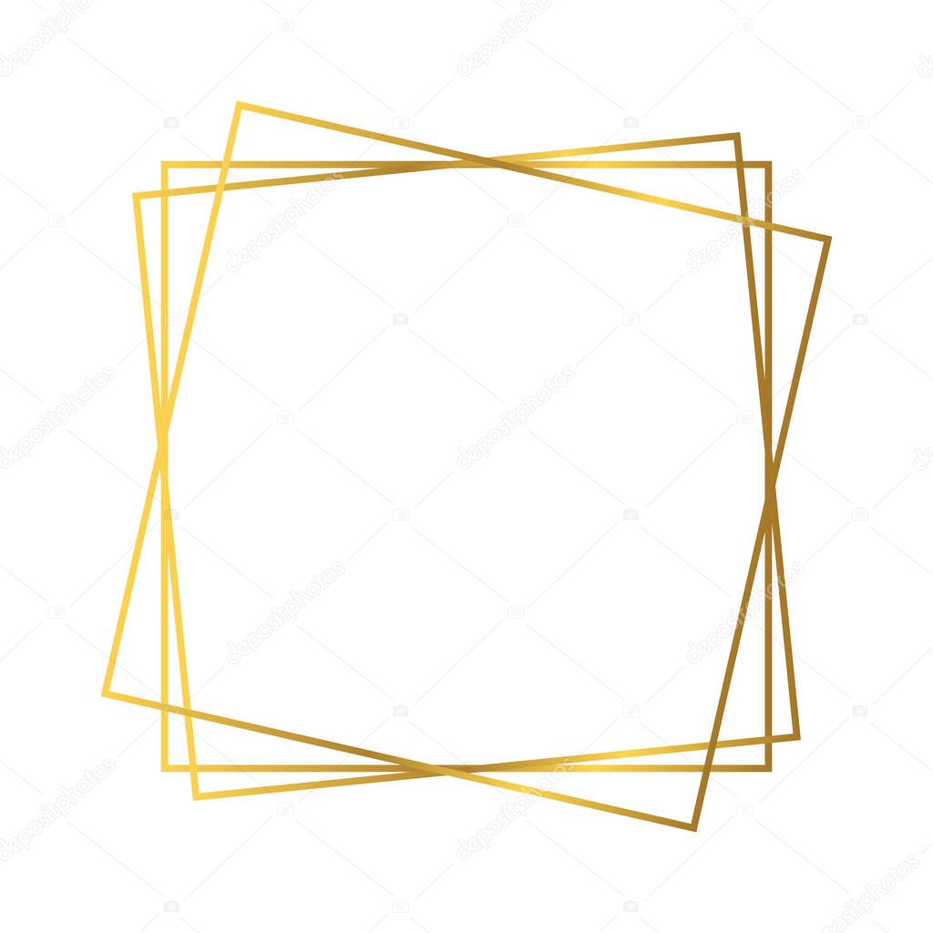 Gold geometric polygonal frame with shining effects isolated on white background. Empty glowing art deco backdrop. Vector illustration.