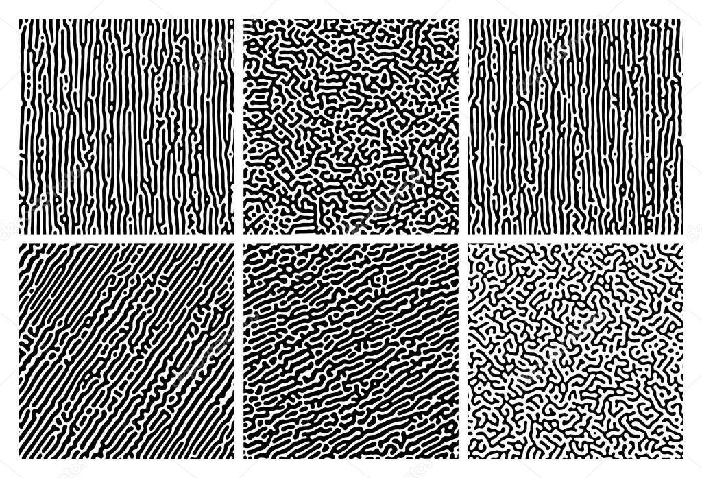 Set of six monochrome turing reaction gradient backgrounds. Abstract diffusion pattern with chaotic shapes. Vector illustration.
