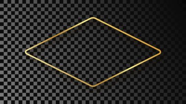 Koyu şeffaf arkaplanda izole edilmiş gölgesi olan altın renkli yuvarlak eşkenar dörtgen şekilli bir çerçeve. Parlak efektli parlak bir çerçeve. Vektör illüstrasyonu.