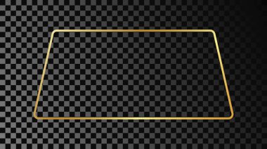 Koyu şeffaf arka planda izole edilmiş altın sarısı yuvarlak trapezoid şekilli çerçeve. Parlak efektli parlak bir çerçeve. Vektör illüstrasyonu.