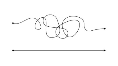 Basit doğru ve karmaşık yanlış yol ve dağınık çizgi. Başlangıç noktası olan siyah çizgiler ve sonunda beyaz arkaplanda izole edilmiş bir ok. Vektör illüstrasyonu