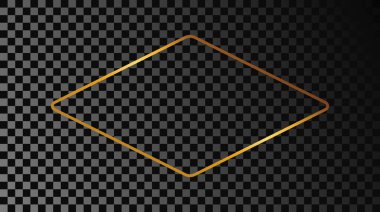 Koyu şeffaf arkaplanda izole edilmiş altın rengi yuvarlak eşkenar dörtgen şekilli çerçeve. Parlak efektli parlak bir çerçeve. Vektör illüstrasyonu.