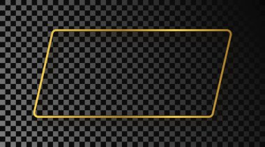 Koyu şeffaf arka planda izole edilmiş, altın sarısı yuvarlak, dikdörtgen şekilli bir çerçeve. Parlak efektli parlak bir çerçeve. Vektör illüstrasyonu.