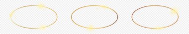 Şeffaf arka planda izole edilmiş üç adet altın parıldayan oval şekilli çerçeve. Parlak efektli parlak bir çerçeve. Vektör illüstrasyonu.
