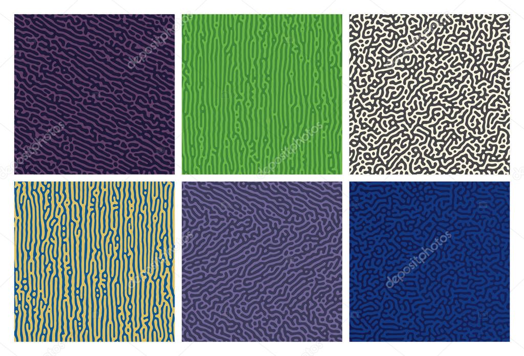 Set of six colorful turing reaction gradient backgrounds. Abstract diffusion pattern with chaotic shapes. Vector illustration.