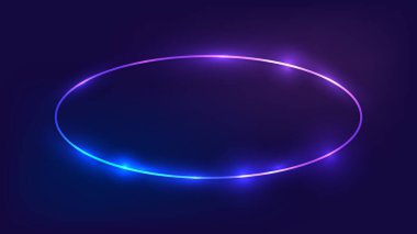 Karanlık arka planda parlak efektleri olan neon oval çerçeve. Boş parlayan tekno fon. Vektör illüstrasyonu.