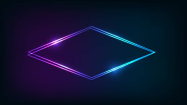 Neon çift eşkenar dörtgen çerçeve, koyu arkaplanda parlak efektler. Boş parlayan tekno fon. Vektör illüstrasyonu.