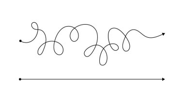 Basit doğru ve karmaşık yanlış yol ve dağınık çizgi. Başlangıç noktası olan siyah çizgiler ve sonunda beyaz arkaplanda izole edilmiş bir ok. Vektör illüstrasyonu