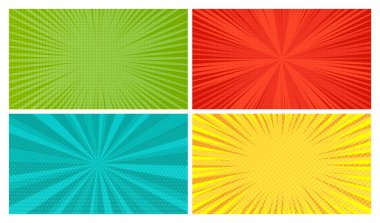 Dört çizgi roman arka planında pop sanat tarzında boş alanlar var. Işınlar, noktalar ve yarım ton etkisi olan bir şablon. Vektör illüstrasyonu