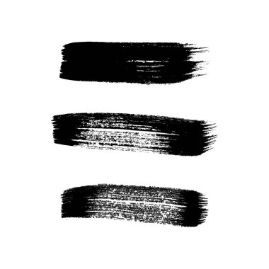 Siyah grunge fırça darbeleri. Üç adet boyalı mürekkep şeridi. Mürekkep lekesi beyaz arkaplanda izole edilmiş. Vektör illüstrasyonu