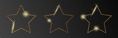 Koyu şeffaf arka planda izole edilmiş üç altın parıldayan yıldız şekli. Parlak efektli parlak bir çerçeve. Vektör illüstrasyonu.
