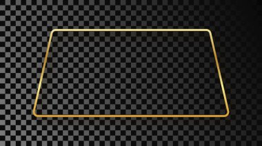 Koyu şeffaf arkaplanda izole edilmiş gölgesi olan altın sarısı yuvarlak trapezoid şekilli çerçeve. Parlak efektli parlak bir çerçeve. Vektör illüstrasyonu.