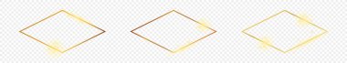 Şeffaf arkaplanda izole edilmiş üç adet altın parıldayan eşkenar dörtgen şekilli çerçeve. Parlak efektli parlak bir çerçeve. Vektör illüstrasyonu.