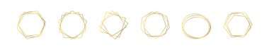 Beyaz arka planda izole edilmiş altı adet altın geometrik poligonal çerçeve. Parlak sanat deco arkaplanı boş. Vektör illüstrasyonu.