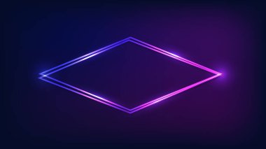 Neon çift eşkenar dörtgen çerçeve, koyu arkaplanda parlak efektler. Boş parlayan tekno fon. Vektör illüstrasyonu.
