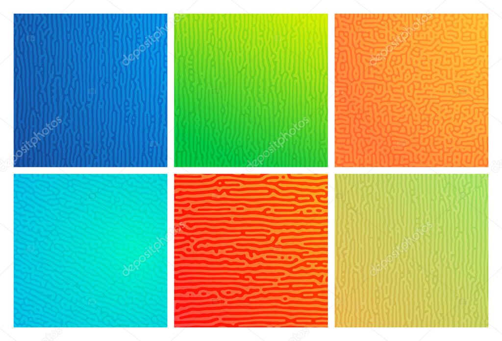 Set of six colorful turing reaction gradient backgrounds. Abstract diffusion pattern with chaotic shapes. Vector illustration.