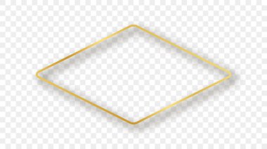 Altın renkli yuvarlak eşkenar dörtgen şekil çerçevesi ve şeffaf arkaplanda gölgesi var. Parlak efektli parlak bir çerçeve. Vektör illüstrasyonu.