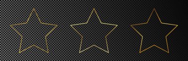 Koyu şeffaf arka planda izole edilmiş üç altın parıldayan yıldız şekli. Parlak efektli parlak bir çerçeve. Vektör illüstrasyonu.
