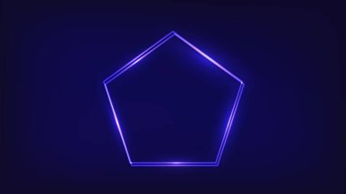 Pentagon formunda neon çift çerçeve ve karanlık arka planda parlak efektler. Boş parlayan tekno fon. Vektör illüstrasyonu.