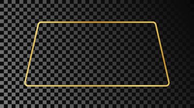 Koyu şeffaf arka planda izole edilmiş altın sarısı yuvarlak trapezoid şekilli çerçeve. Parlak efektli parlak bir çerçeve. Vektör illüstrasyonu.