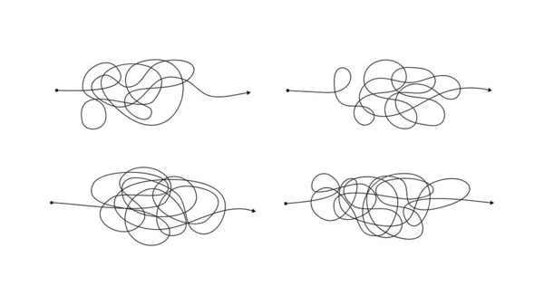 设置四个复杂的错误的方式与混乱的线条 黑线与起点和箭头在结束孤立的白色背景 矢量说明 — 图库矢量图片