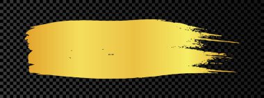Altın renginde fırça darbesi. Boyalı mürekkep şeridi. Koyu şeffaf arkaplanda altın mürekkep lekesi var. Vektör illüstrasyonu