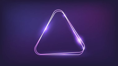 Neon ikili yuvarlak üçgen çerçeve, üzerinde parlak efektler var. Boş parlayan tekno fon. Vektör illüstrasyonu.