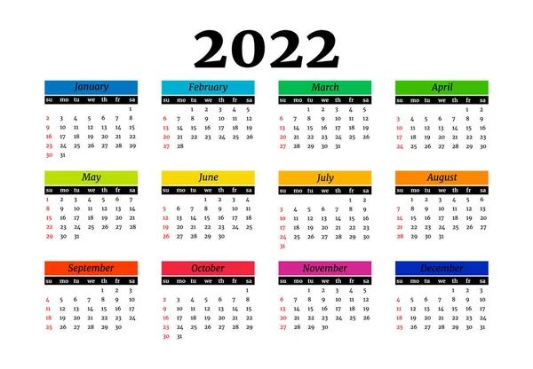 Calendário Para 2022 Isolado Fundo Branco Domingo Segunda Feira Modelo — Vetor de Stock